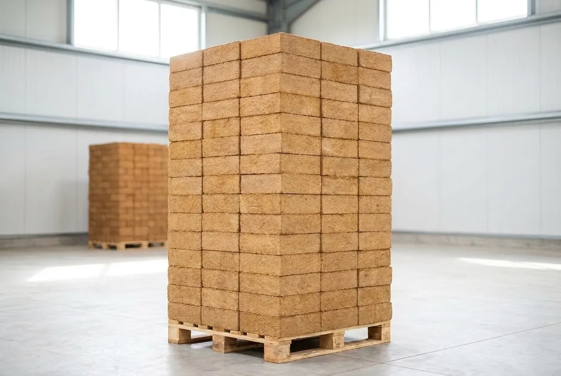Unwrapped coco coir bricks stacked on a pallet