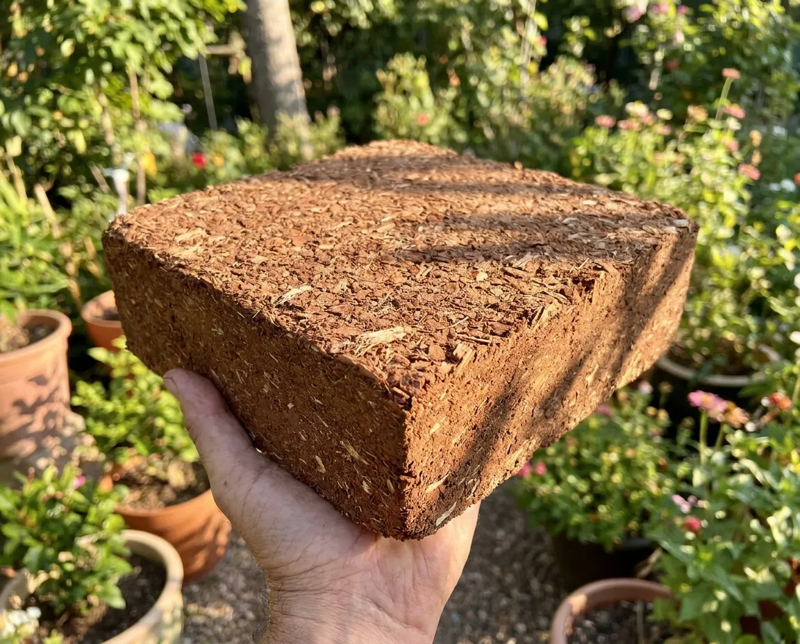 A compressed mulch brick held up in one hand
