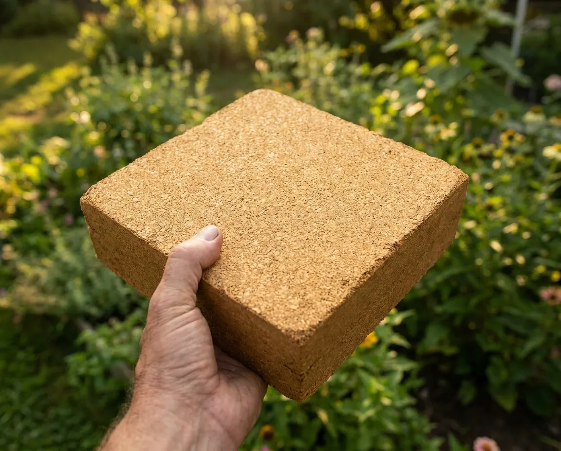 A compressed coco coir brick held up in one hand