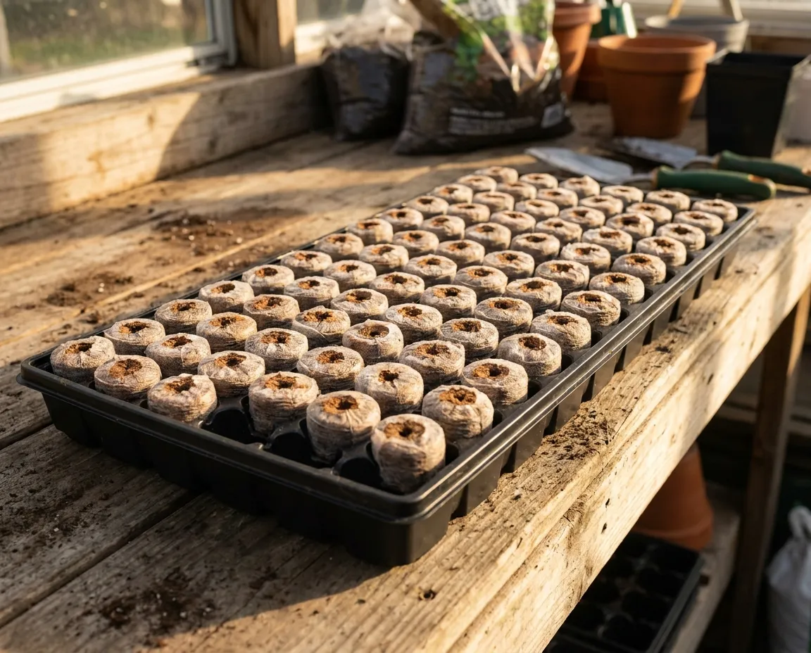 A 72-cell tray filled with netted coco coir plugs