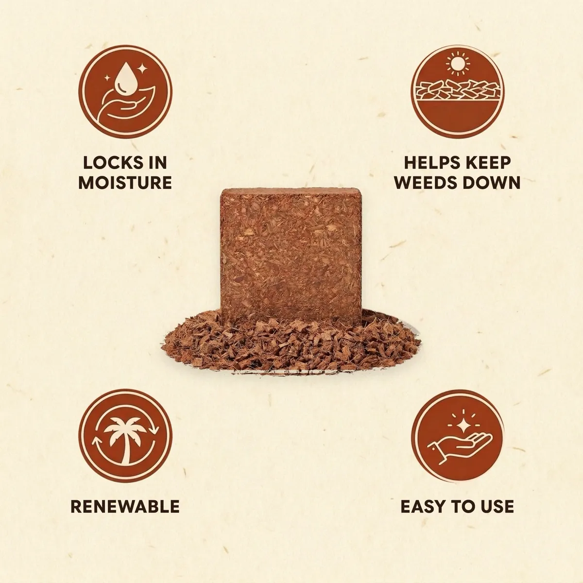 A compressed mulch brick with four stamps around it: locks in moisture, helps keep weeds down, renewable, and easy to use