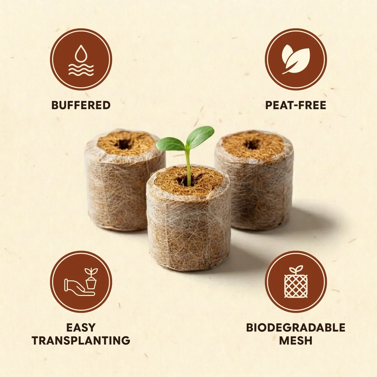 Three netted coco coir plugs, one with a seedling, with four stamps: buffered, peat-free, easy transplanting, and biodegradable mesh