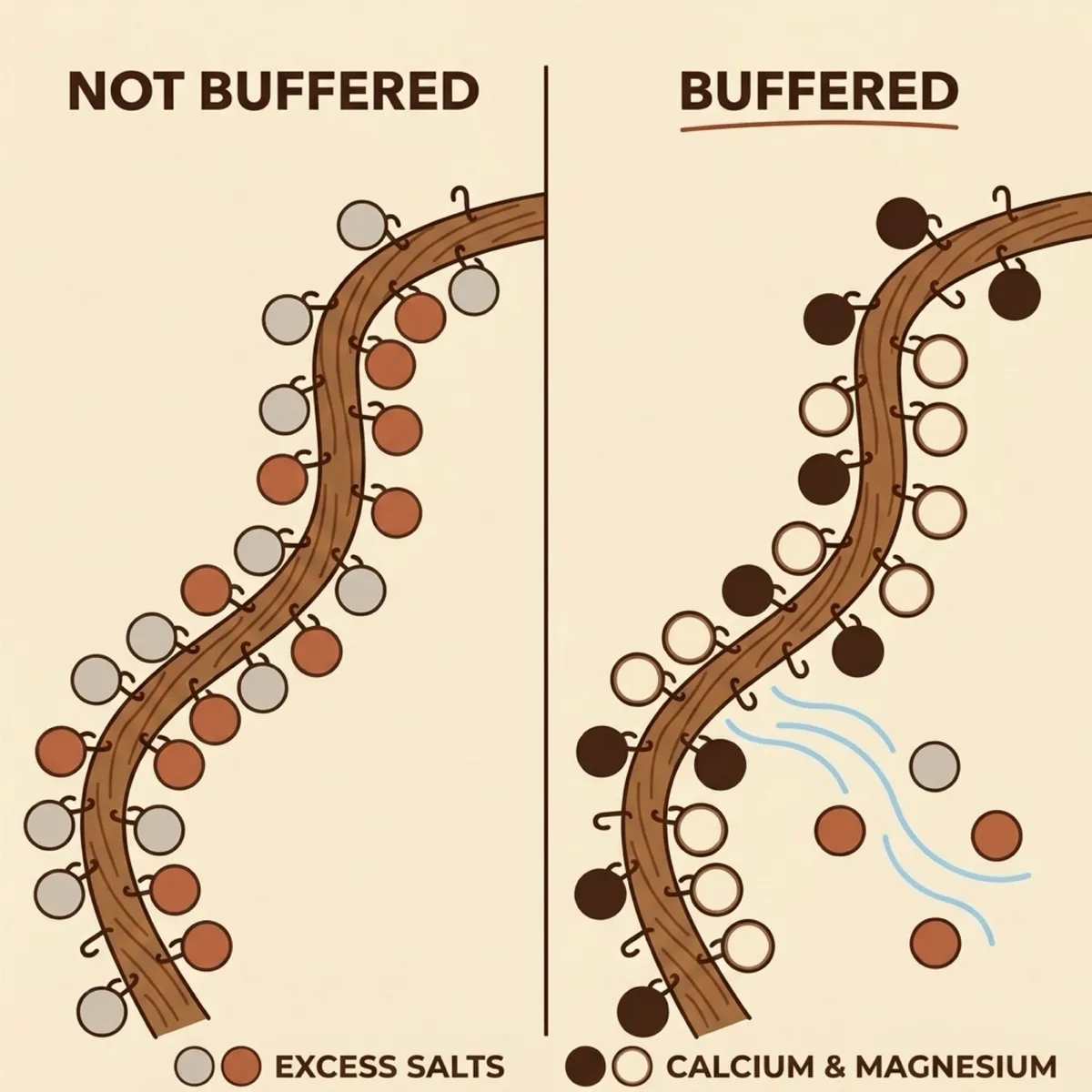 Two coir fibres side by side. Not buffered: its hooks hold excess salts. Buffered: its hooks hold calcium and magnesium while the salts wash away