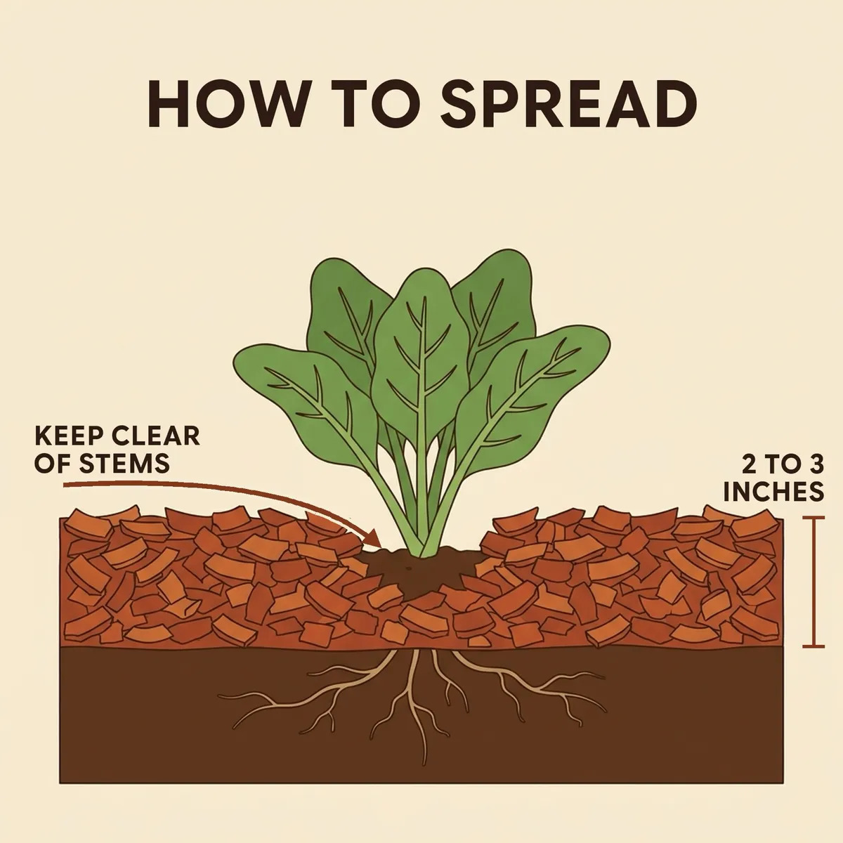 How to spread: a side view of a bed with a layer of mulch 2 to 3 inches deep, kept clear of the plant stem