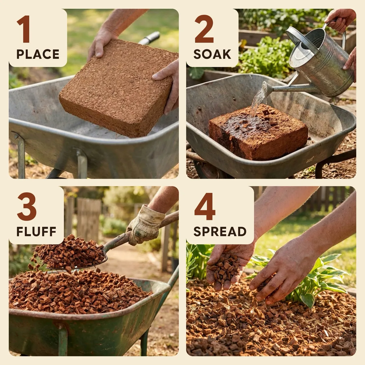 Four steps: place the brick in a wheelbarrow, soak it with water, fluff the chips, then spread them around plants
