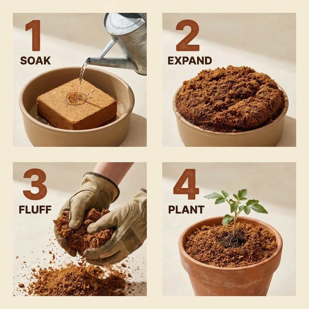 Four steps: soak the brick in a tub, let it expand, fluff it by hand, then plant in it