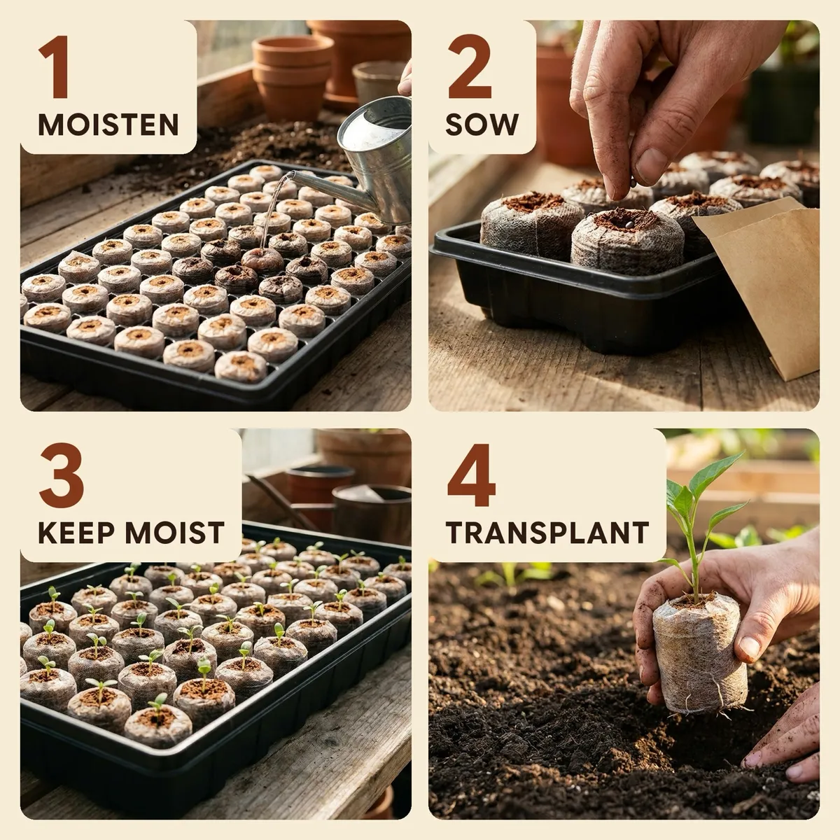 Four steps: moisten the plugs in their tray, sow a seed in each, keep them moist, then transplant the whole plug