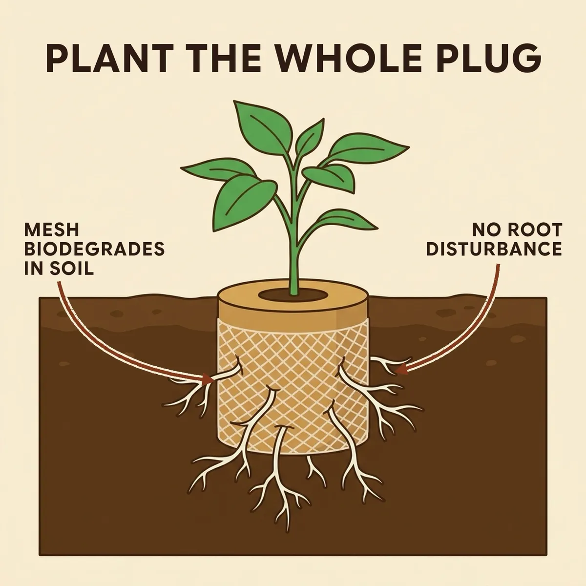 Plant the whole plug: a side view of a plug in soil, roots growing out through the mesh. The mesh biodegrades in soil, with no root disturbance