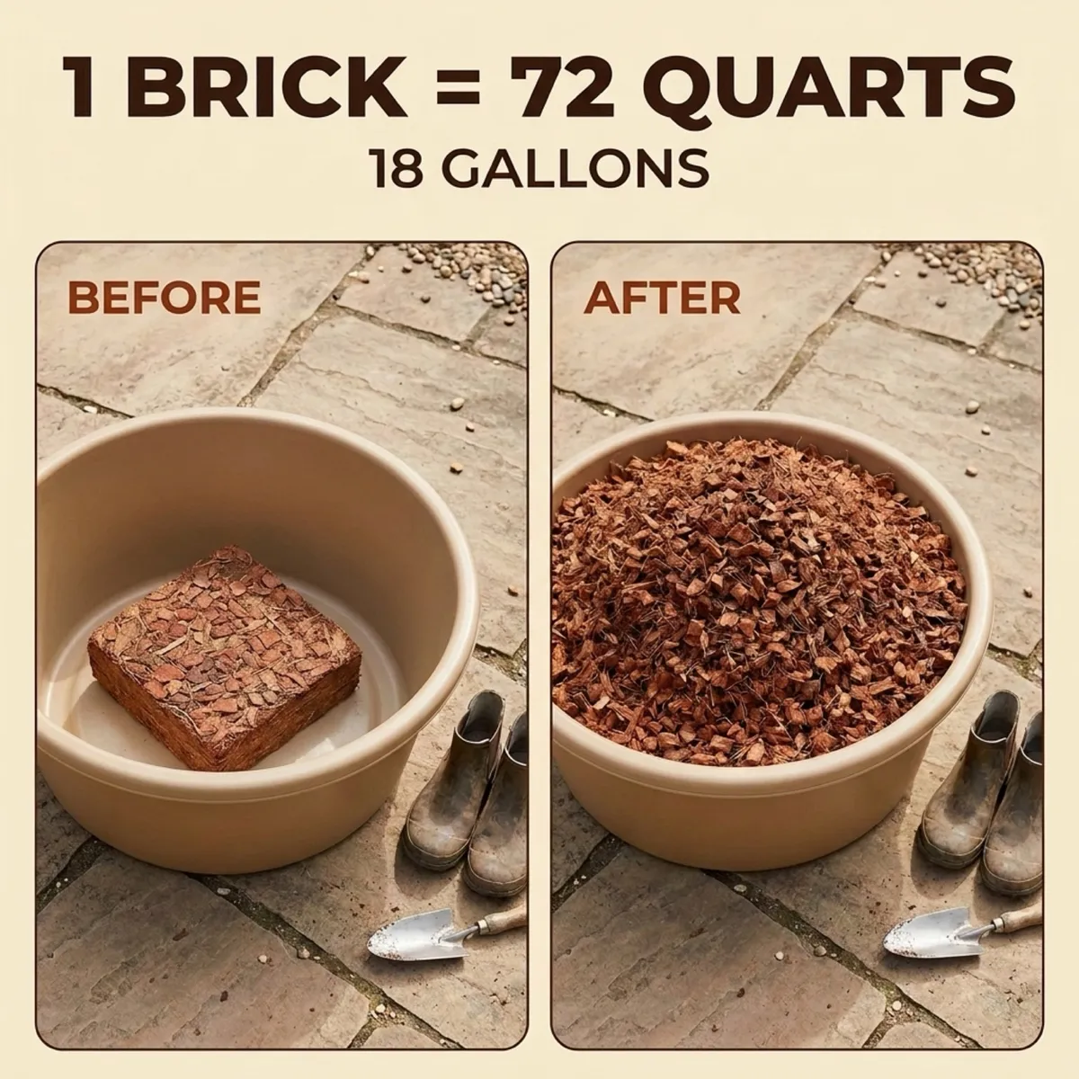 1 brick = 72 quarts, 18 gallons. Before: one dry brick in a large empty tub. After: the same tub full of husk chips