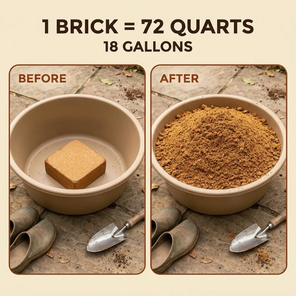 1 brick = 72 quarts, 18 gallons. Before: one dry brick in a large empty tub. After: the same tub full of expanded coir