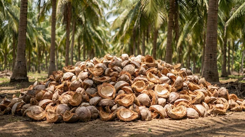 A heap of gathered coconut husks in a palm grove