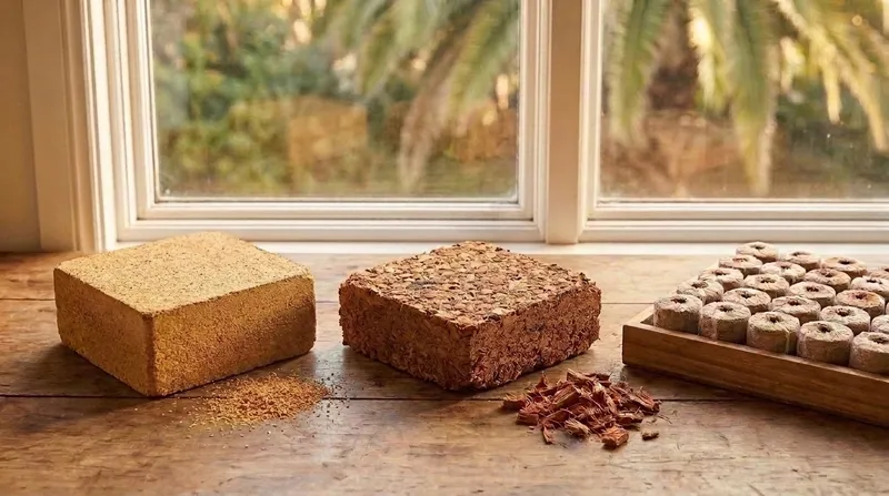 A coco coir brick, a mulch brick, and a tray of seed starter plugs on a workbench