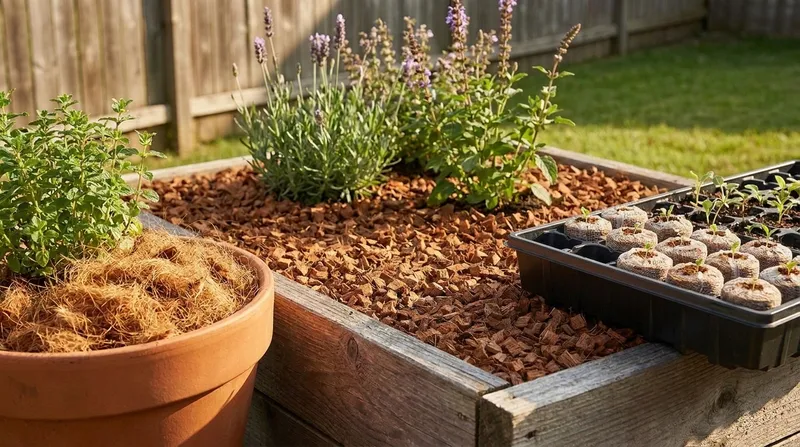 A pot of coco coir, a mulched raised bed, and a tray of seedlings in coir plugs