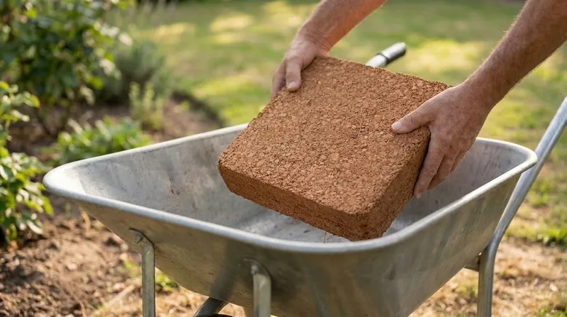 Hands lowering a compressed mulch brick into a wheelbarrow