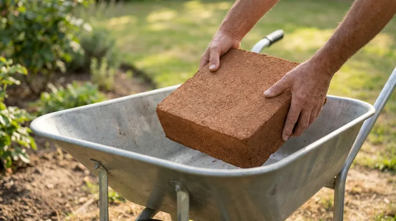 Hands lowering a compressed coco coir brick into a wheelbarrow
