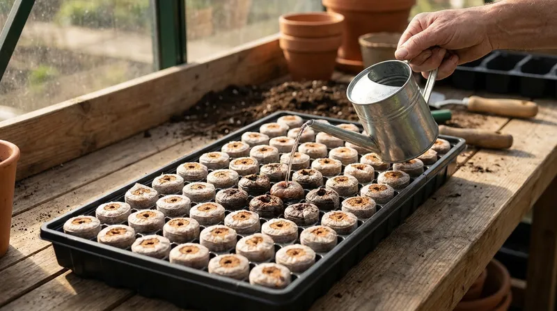 Water poured from a can onto a tray of netted coco coir plugs