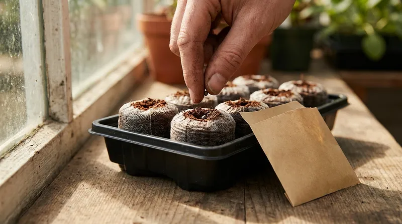 Fingers dropping a seed into the hole on top of a moist plug
