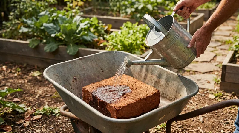 Water from a watering can soaking the coco coir brick in a wheelbarrow