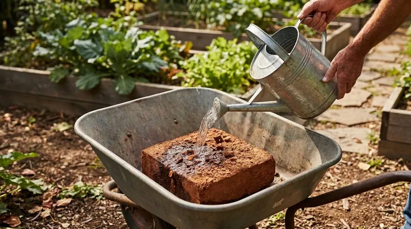 Water from a watering can soaking the brick in a wheelbarrow