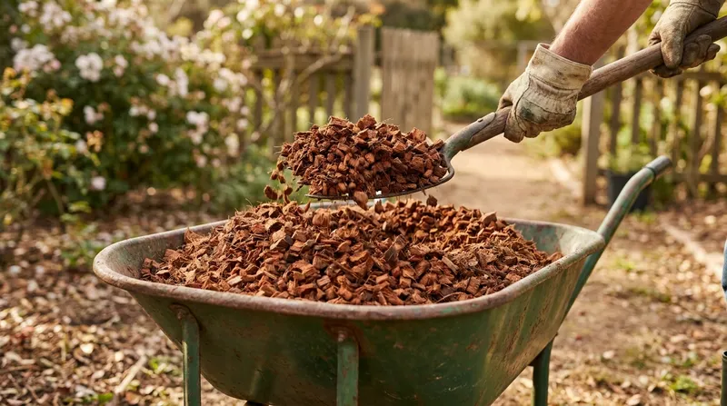 A garden fork turning a wheelbarrow of expanded husk chips