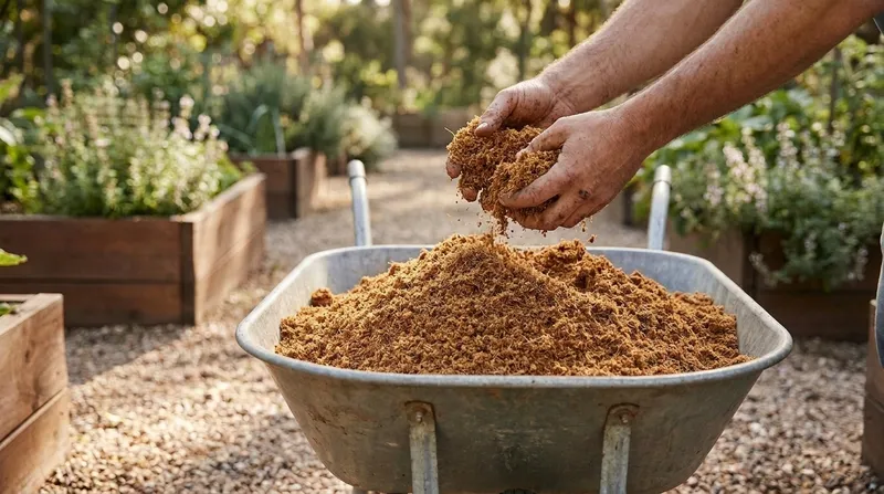 Hands fluffing a wheelbarrow of expanded coco coir