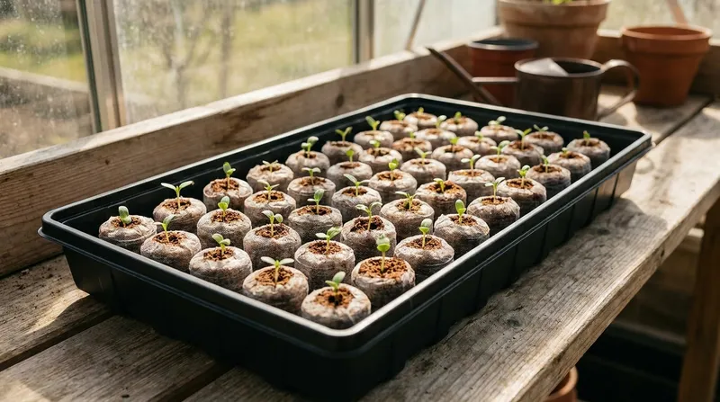 A tray of coco coir plugs with young seedlings on a greenhouse bench