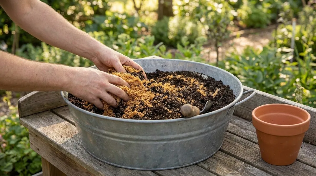 Hands folding expanded coco coir into potting soil
