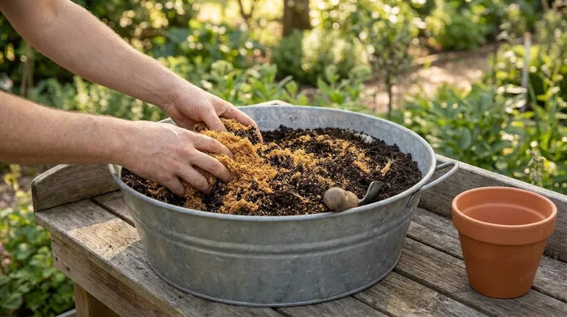 Hands folding expanded coco coir into potting soil in a tub