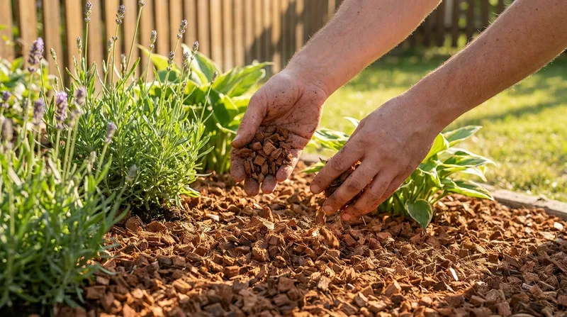 Hands spreading husk chip mulch around plants in a garden bed