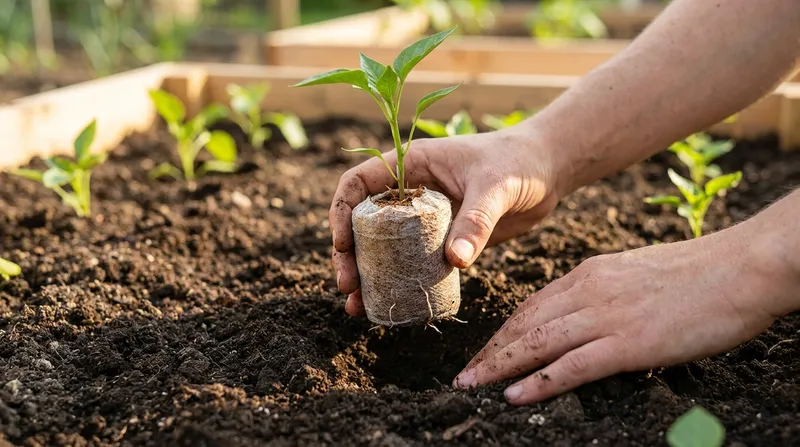 Hands setting a whole plug, seedling and roots, into garden soil