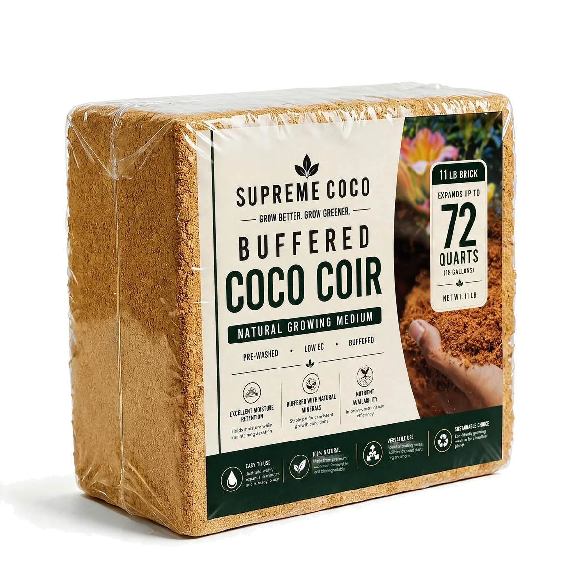 The Supreme Coco Buffered Coco Coir Brick, shrink-wrapped in clear film, showing the front label