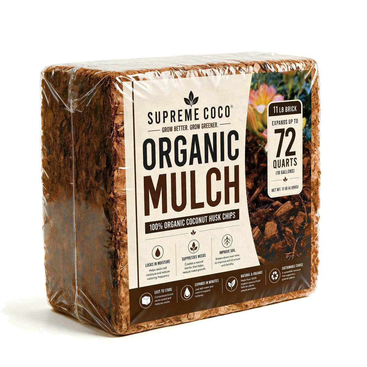 The Supreme Coco Organic Mulch 11 lb brick, shrink-wrapped in clear film, showing the front label