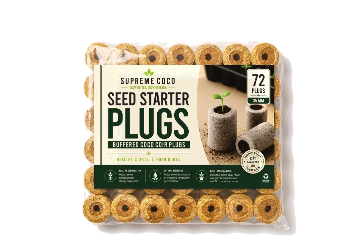 The Supreme Coco Seed Starter Plugs 72 pack, a clear bag of coco coir plugs showing the front label