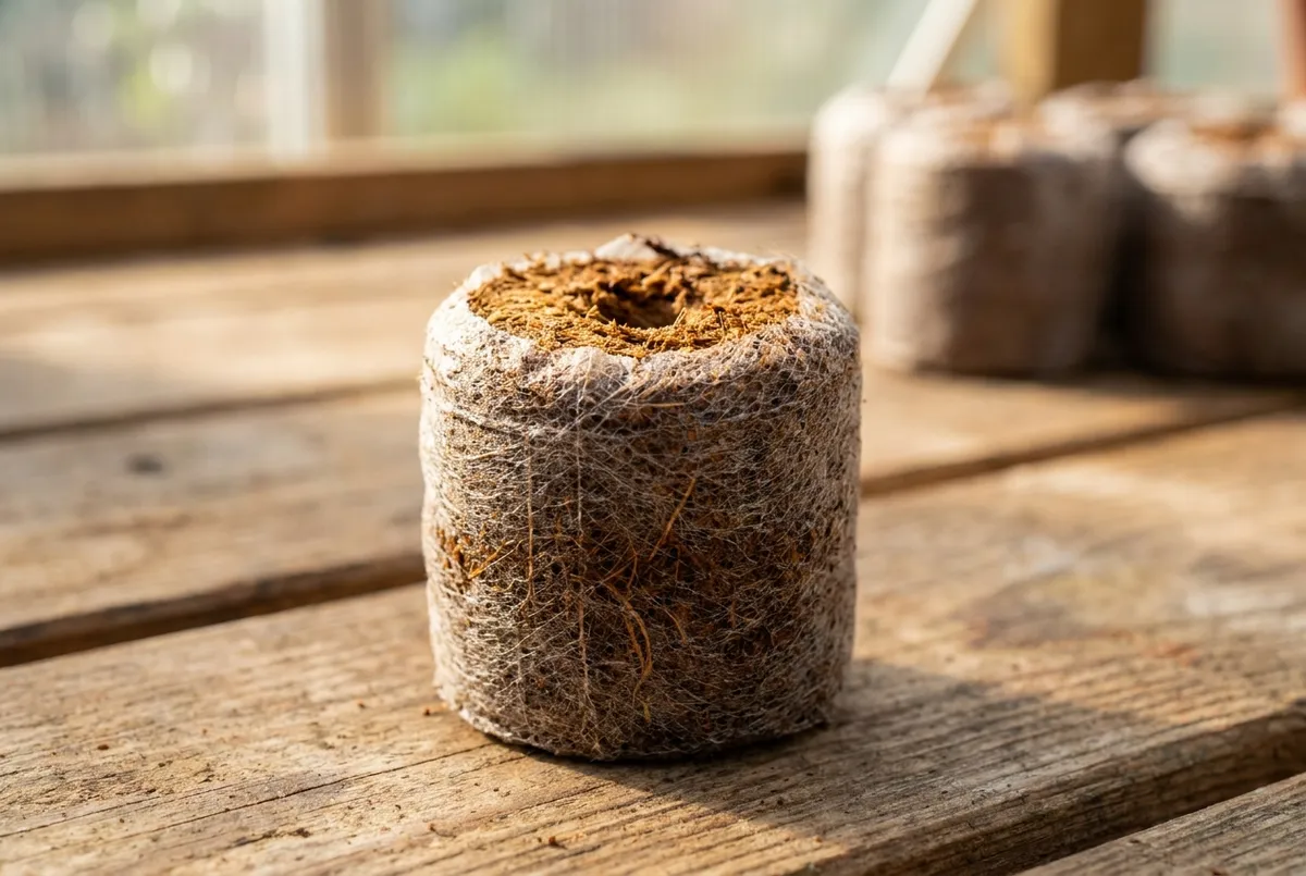 A single netted coco coir plug on a bench