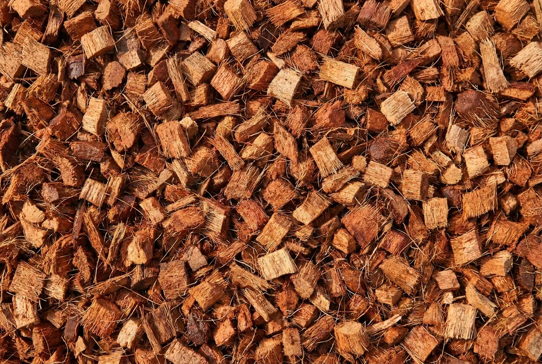Loose coconut husk chip mulch close-up