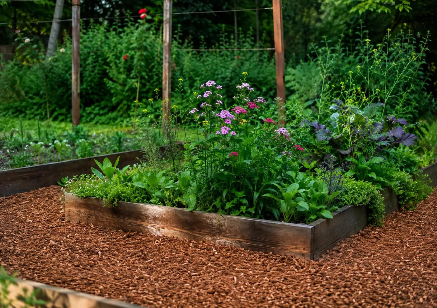 A raised garden bed mulched with reddish-brown coconut husk chips, surrounded by flowering plants