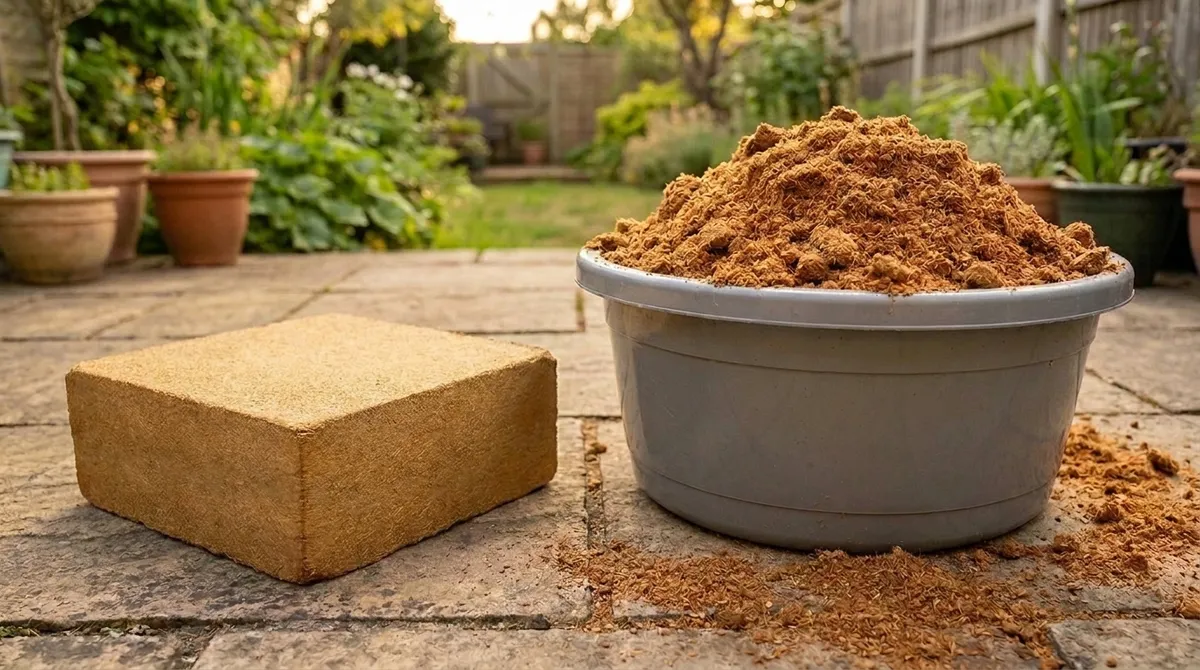 One coir brick beside a tub heaped with expanded coir