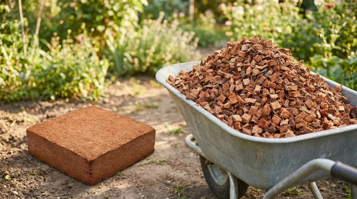 One mulch brick beside a wheelbarrow heaped with expanded chips